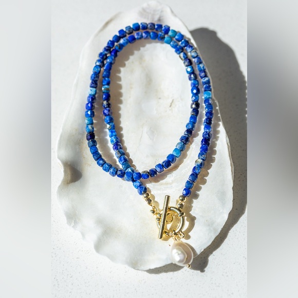 Lapis Lazuli Pearl Toggle Clasp Necklace Waterproof Layering Jewelry reversible